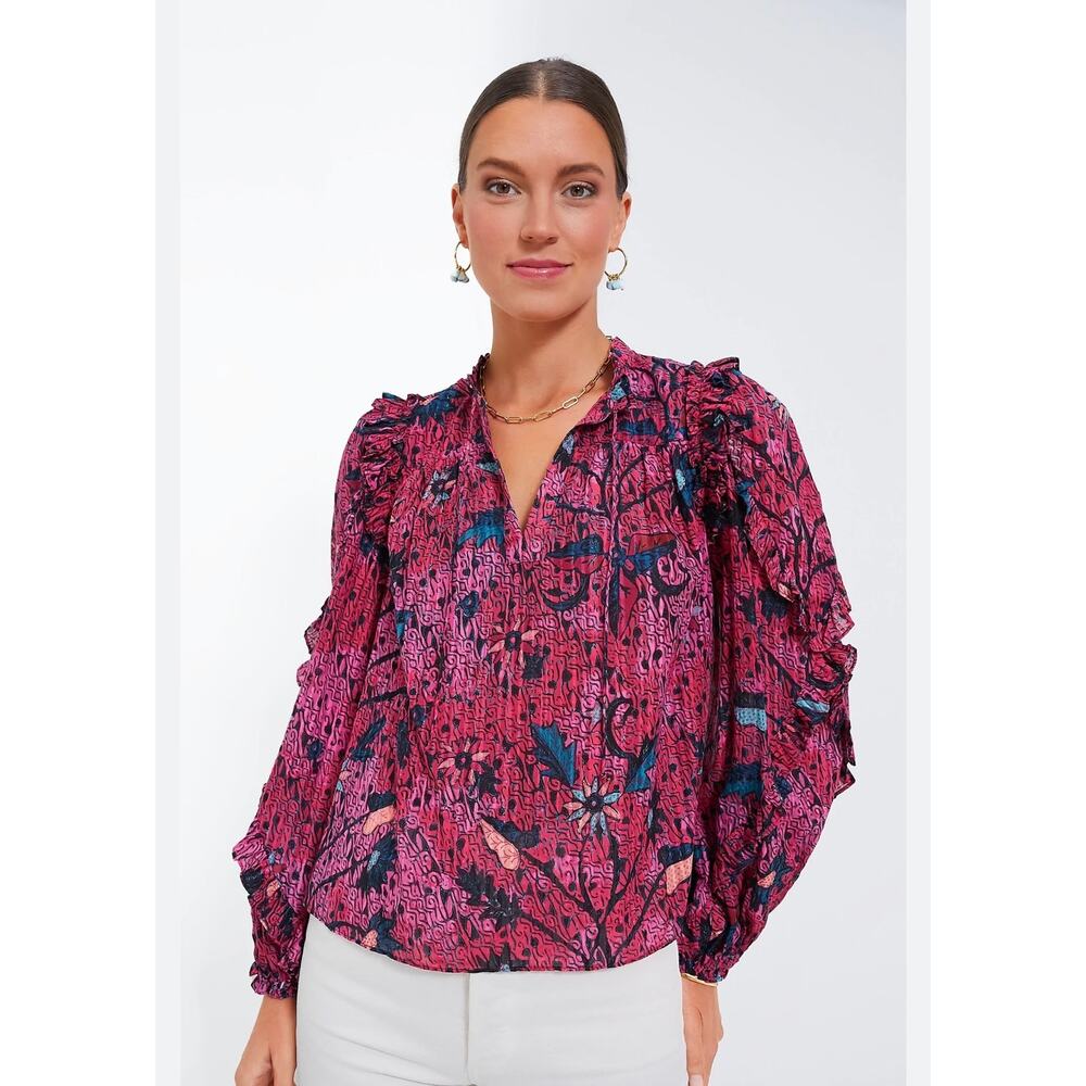 Ulla Johnson Snapdragon Manet Fuchsia Pink Floral Cotton Ruffle Blouse 2